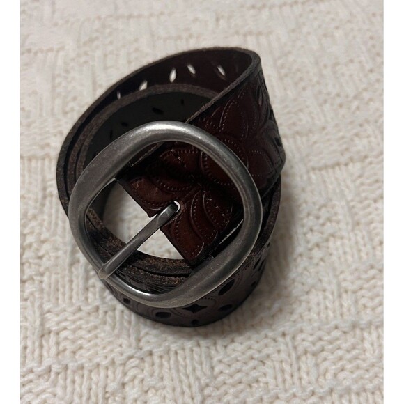 Fossil Belt Womens Small Brown Genuine Leather Brass Hardware Boho Retro Hippie - Picture 1 of 6